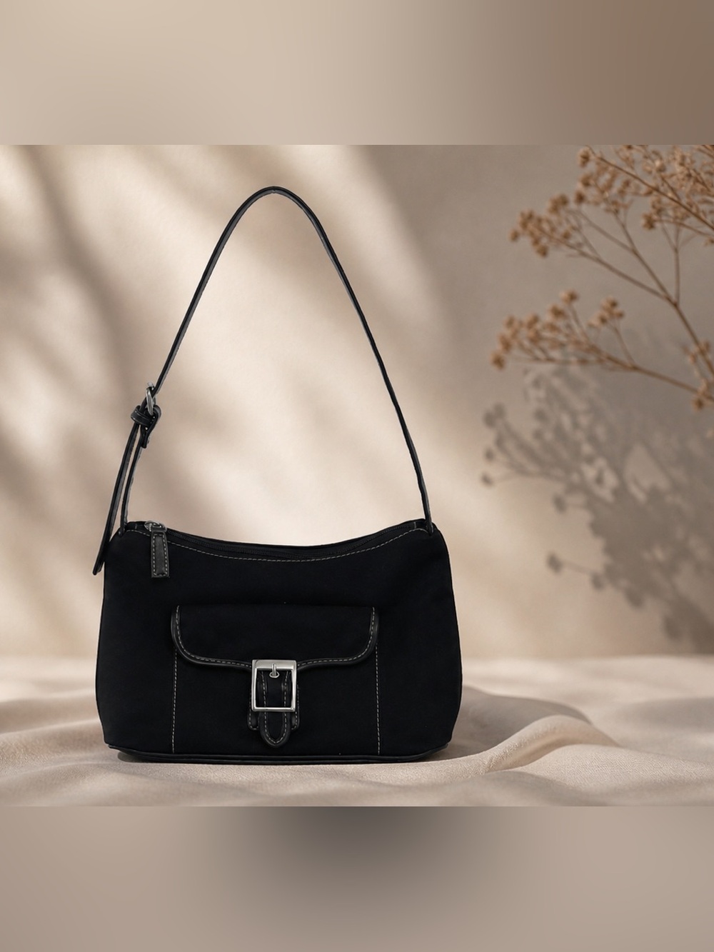 Classic Black Shoulder Bag with Front Buckle